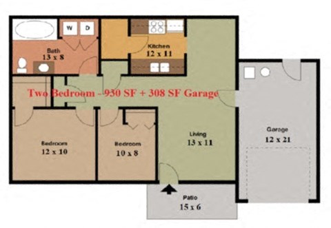Floor plan for 2 beds, 1 bath, 930 sqft